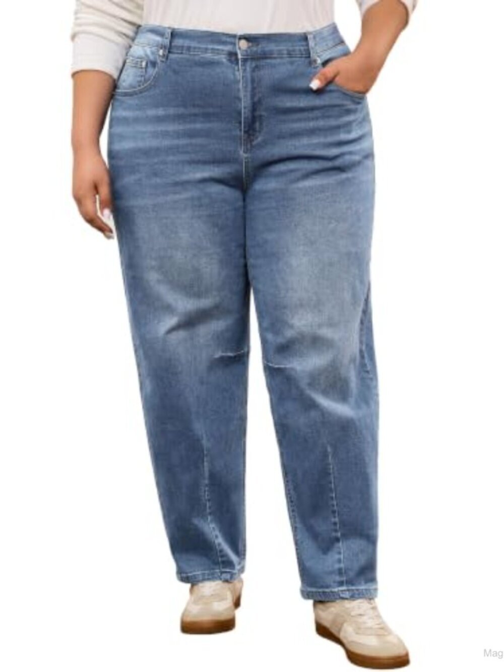 Plus Size High Waist Curved Barrel Jeans for Women Stretchy Wide Leg Denim Pants